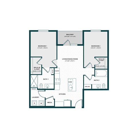 Floor plan for 2 beds, 2 baths, 1019 sqft